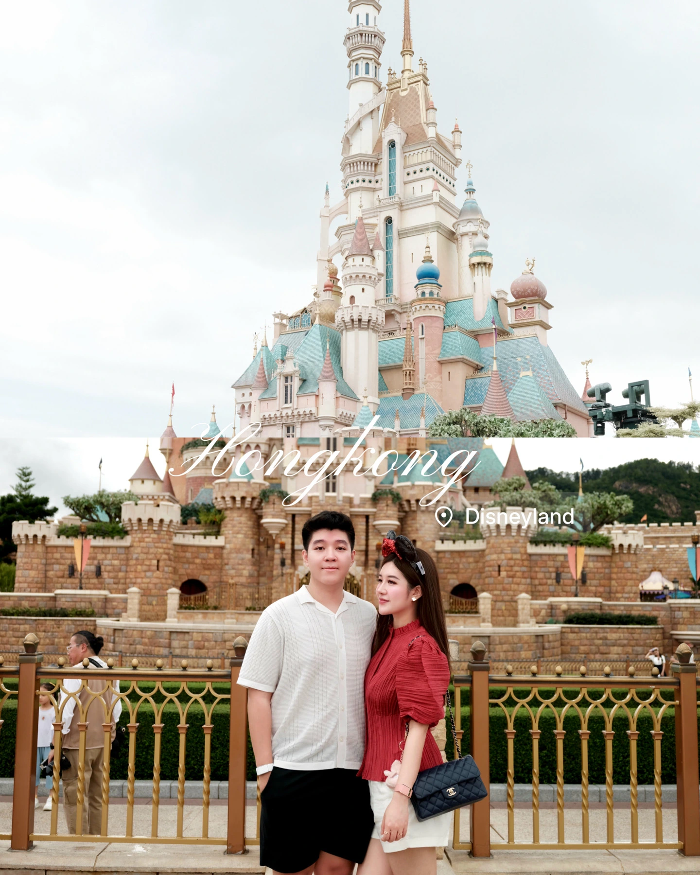 The couple standing together in front of the castle at Hong Kong Disneyland.