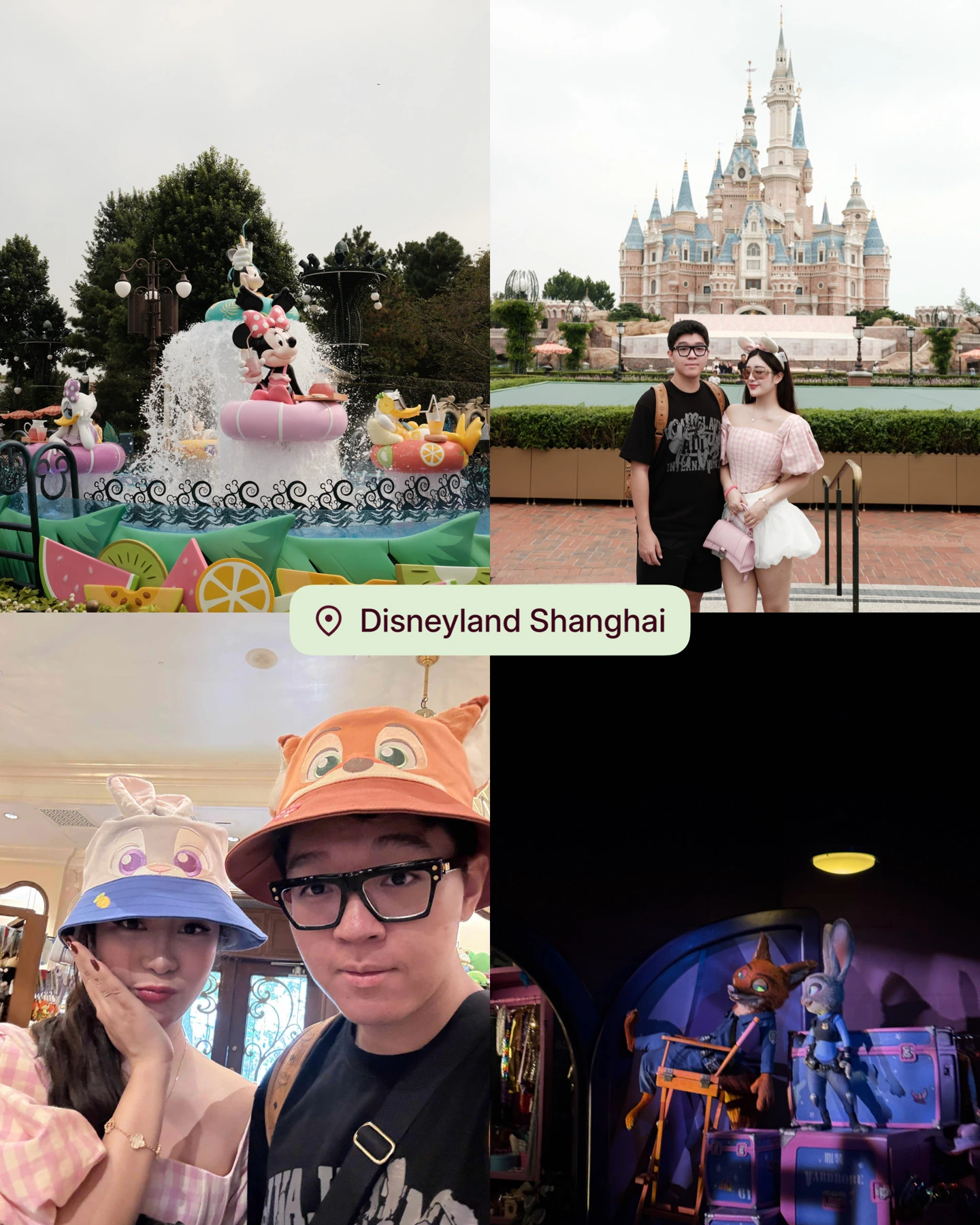 A collage of the couple at Shanghai Disneyland, with a castle, character hats, and park attractions.