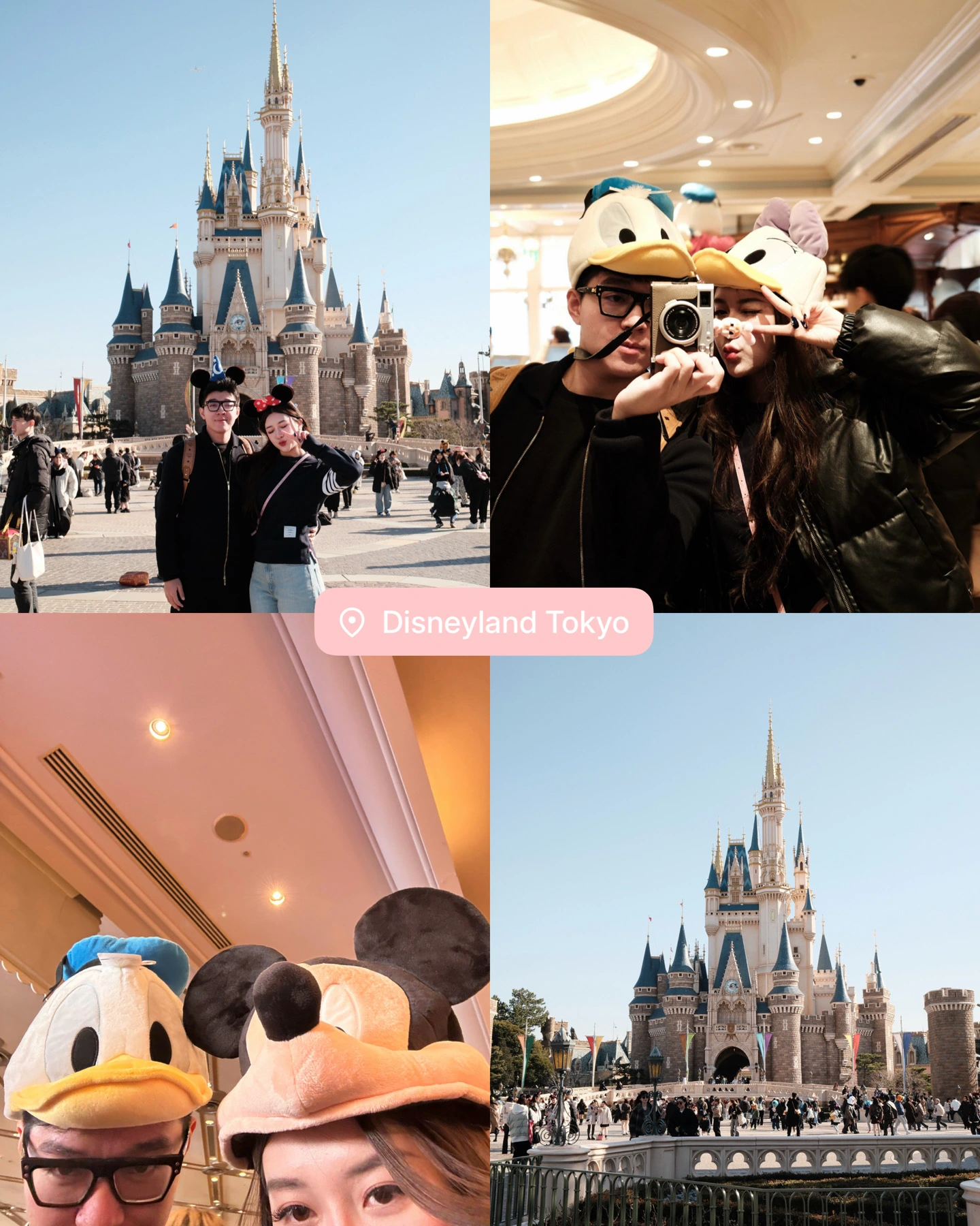 A collage of the couple at Tokyo Disneyland, wearing character hats and posing near the castle.
